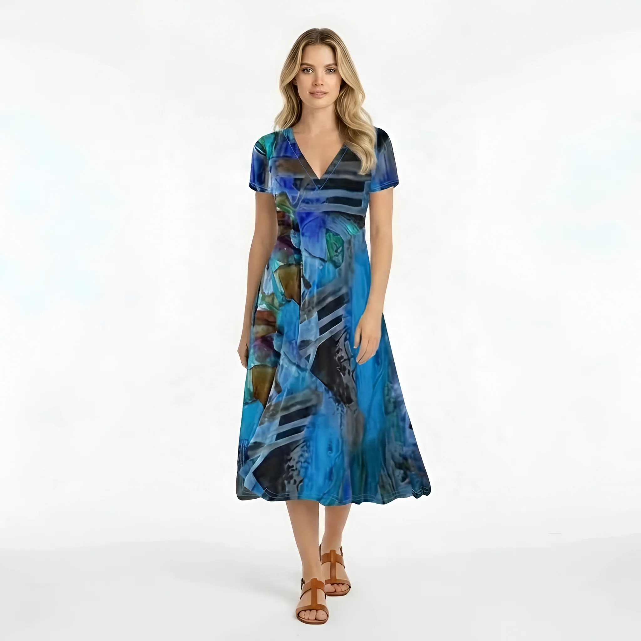 Vestito donna midi stampa astratta manica corta abito casual scollo V fluido - Image 6