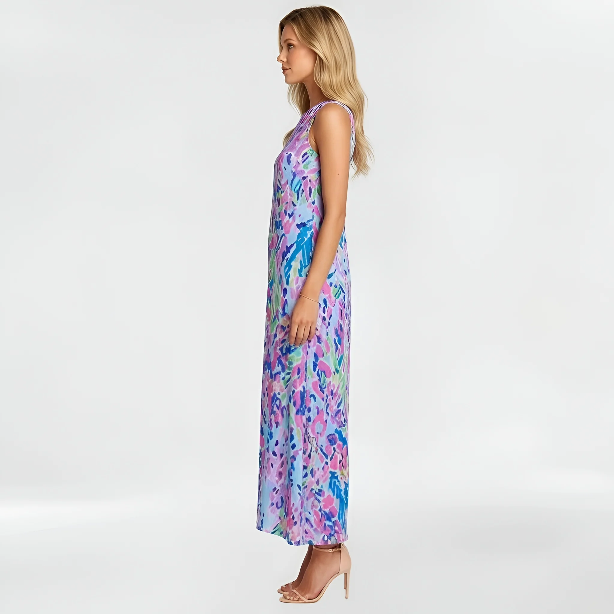 Vestito donna midi stampa floreale senza maniche abito estivo casual scollo alto - Image 2