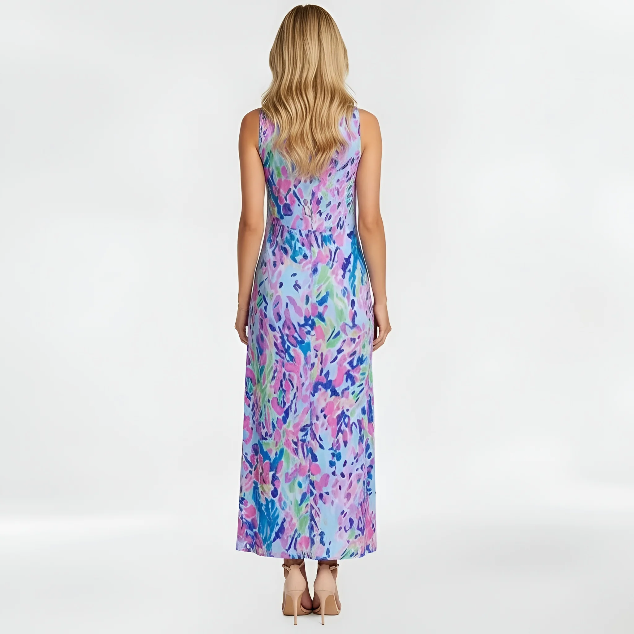 Vestito donna midi stampa floreale senza maniche abito estivo casual scollo alto - Image 3