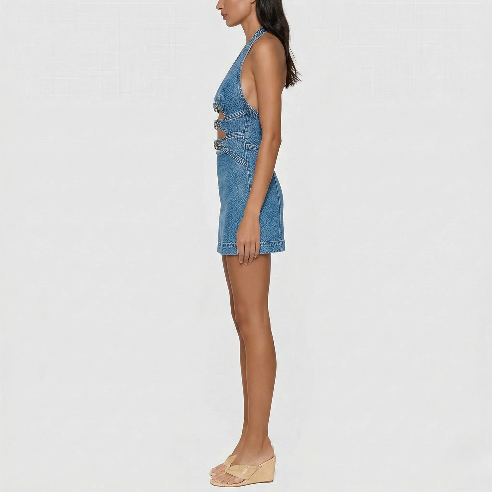 Vestito donna mini in denim con scollo all’americana e cut-out frontale - Image 2