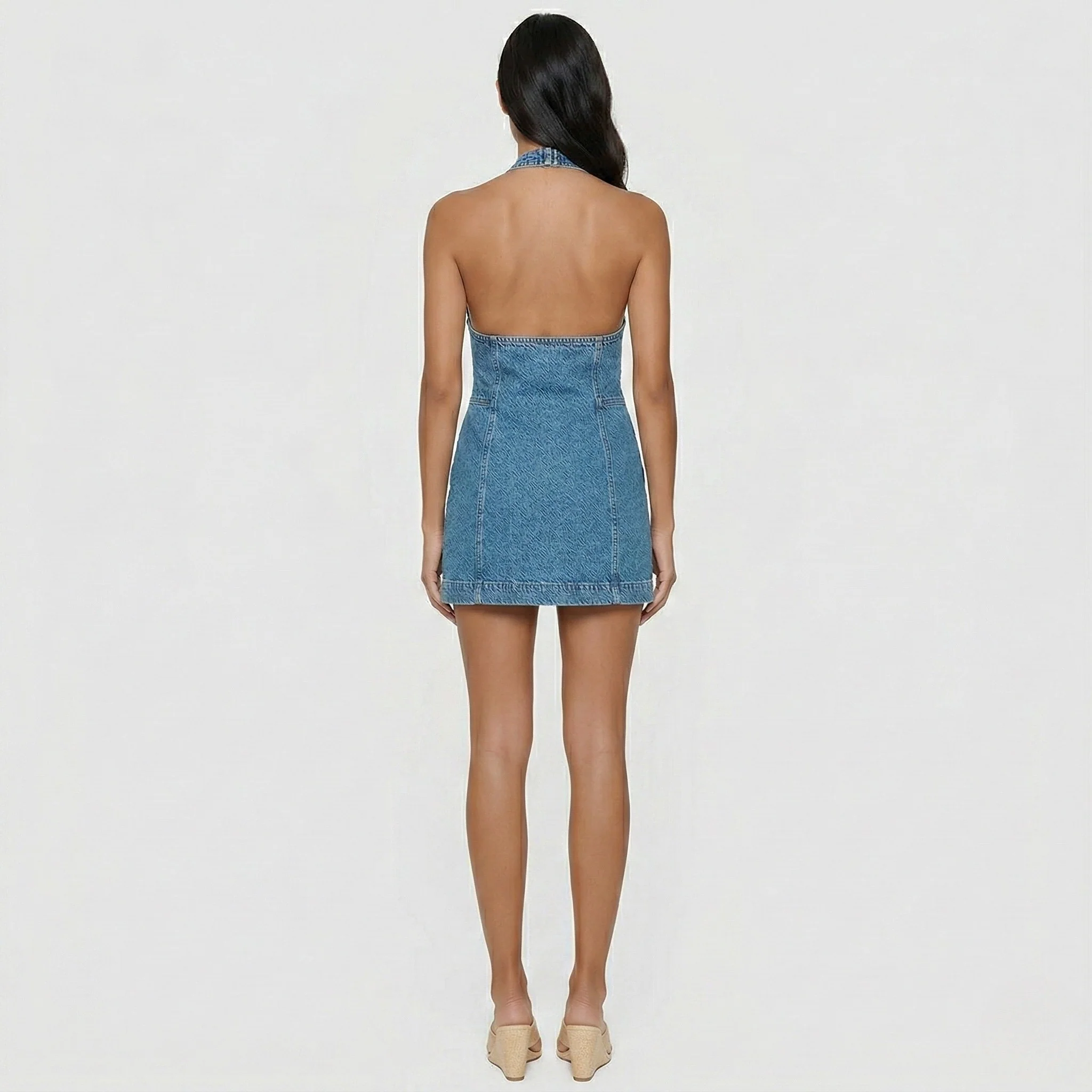 Vestito donna mini in denim con scollo all’americana e cut-out frontale - Image 3
