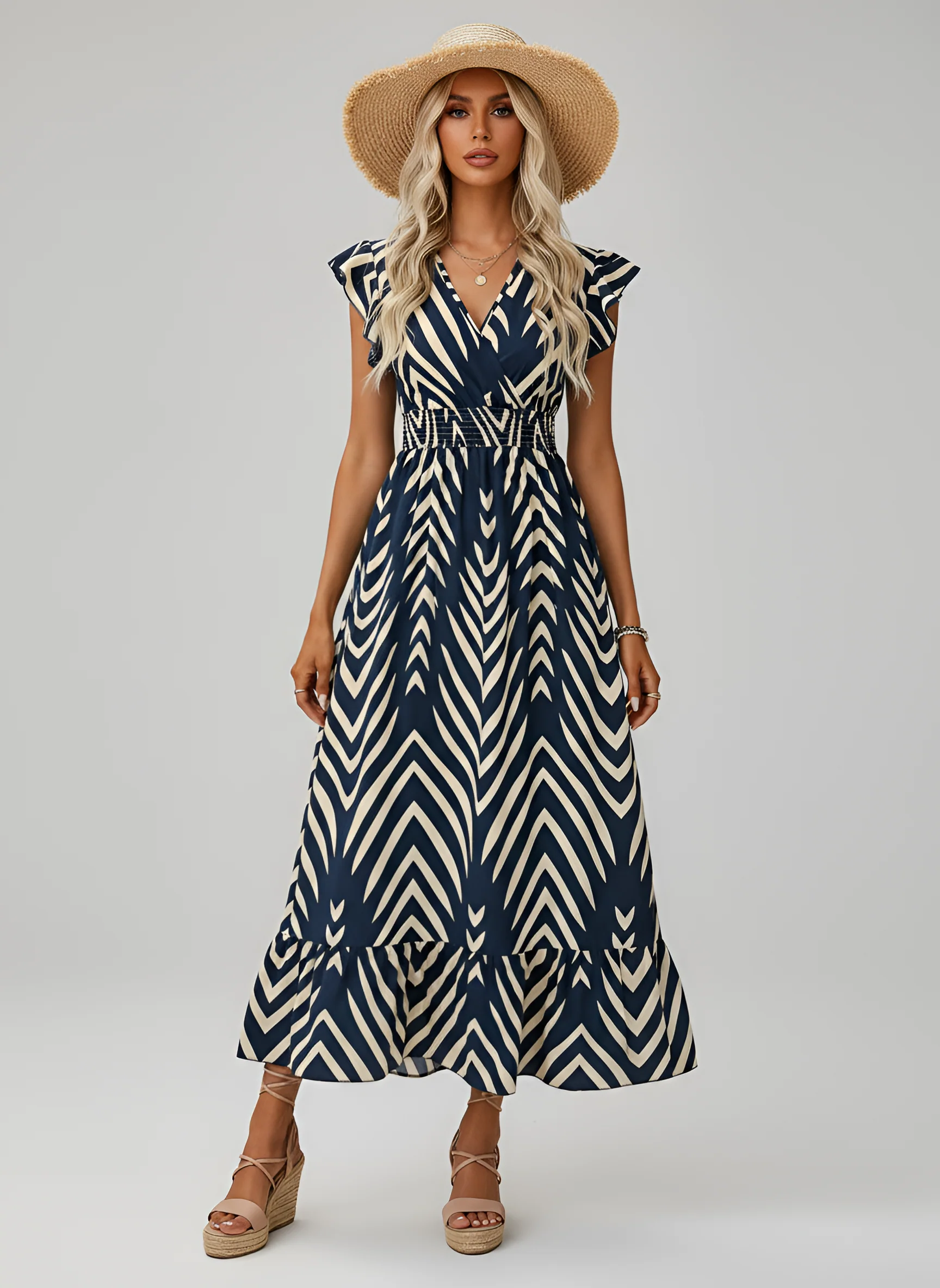 Vestito lungo donna con scollo a V e stampa geometrica vita elasticizzata