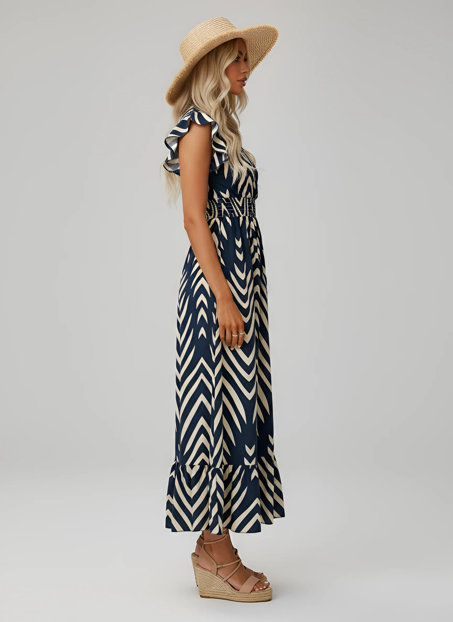 Vestito lungo donna con scollo a V e stampa geometrica vita elasticizzata - Image 2