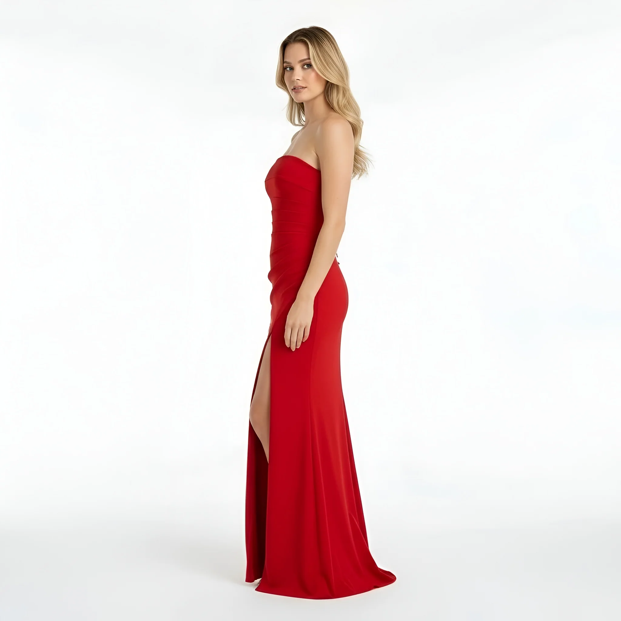 Vestito lungo donna elegante aderente abito sera senza spalline spacco alto - Image 2