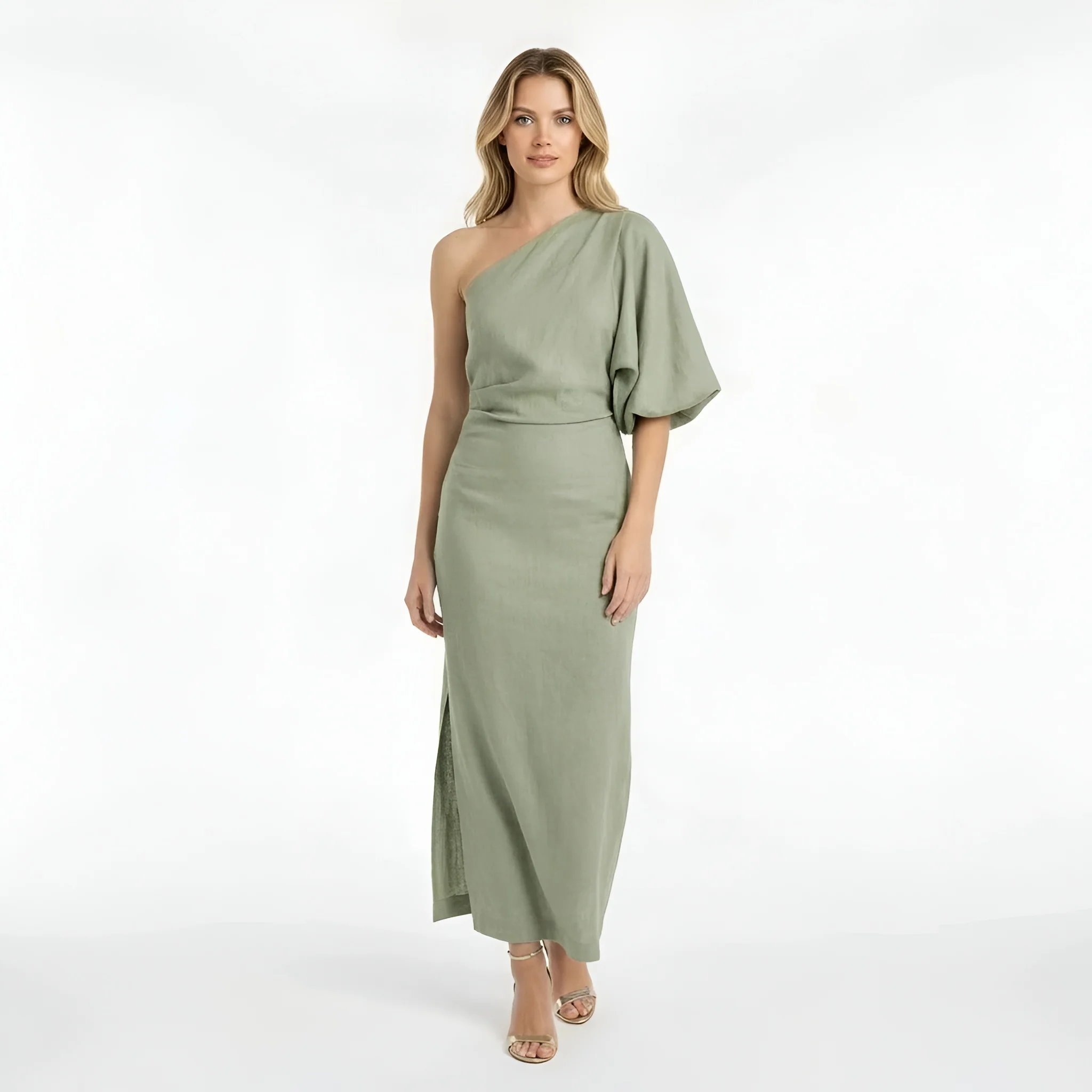 Vestito lungo donna elegante monospalla abito sera con spacco aderente slim fit