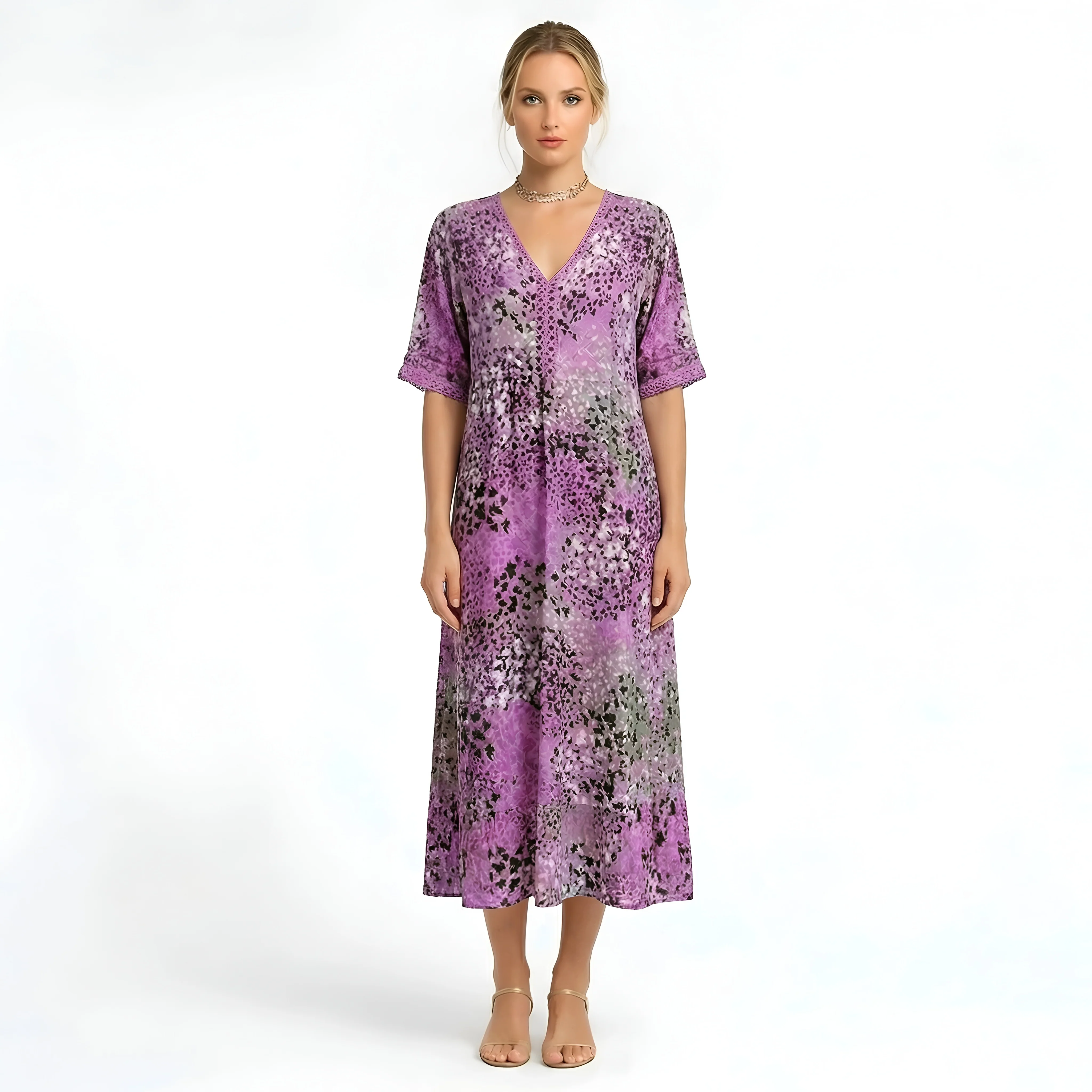 Vestito Lungo Donna Stampa Floreale Scollo a V Abito Estivo Maniche Corte Midi
