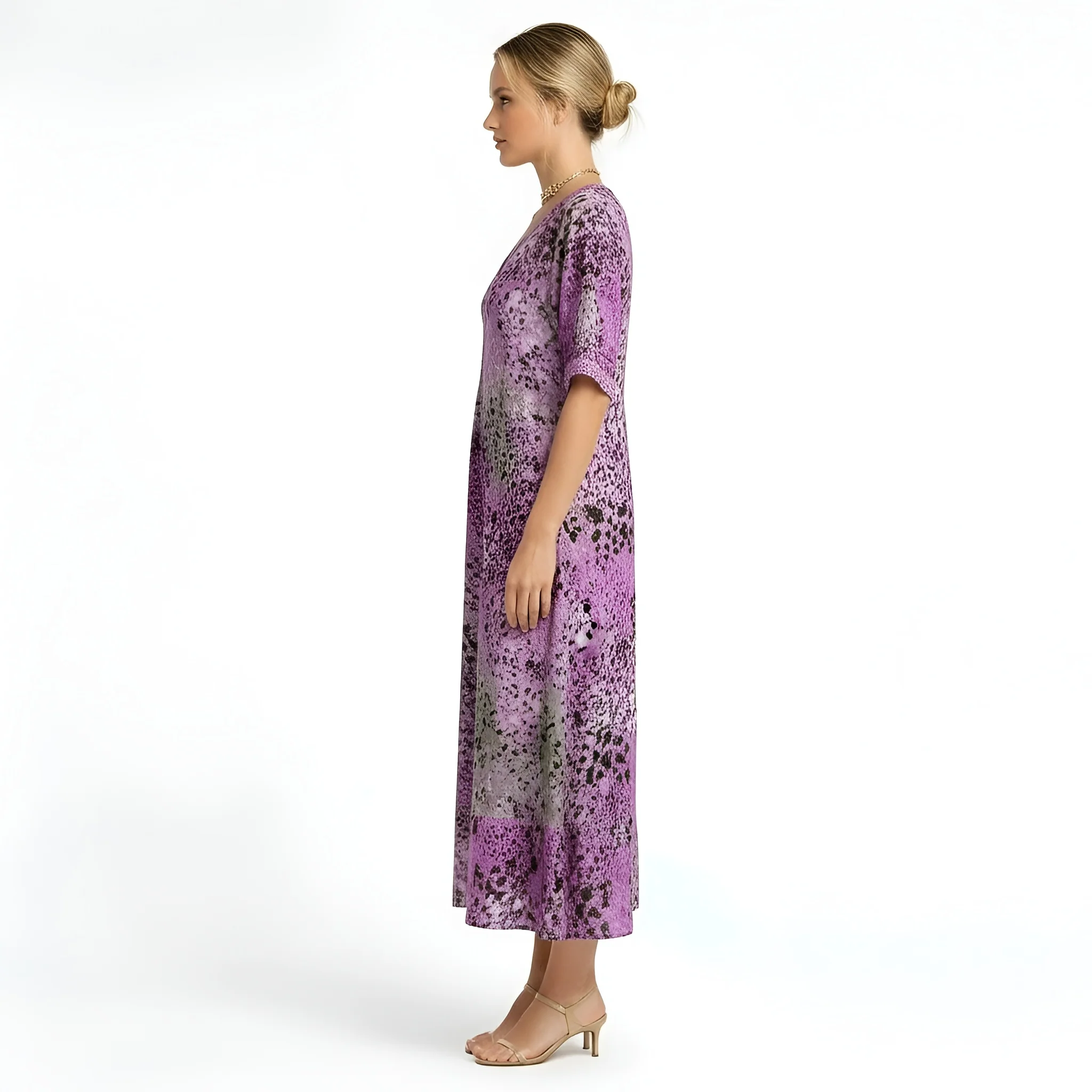 Vestito Lungo Donna Stampa Floreale Scollo a V Abito Estivo Maniche Corte Midi - Image 2
