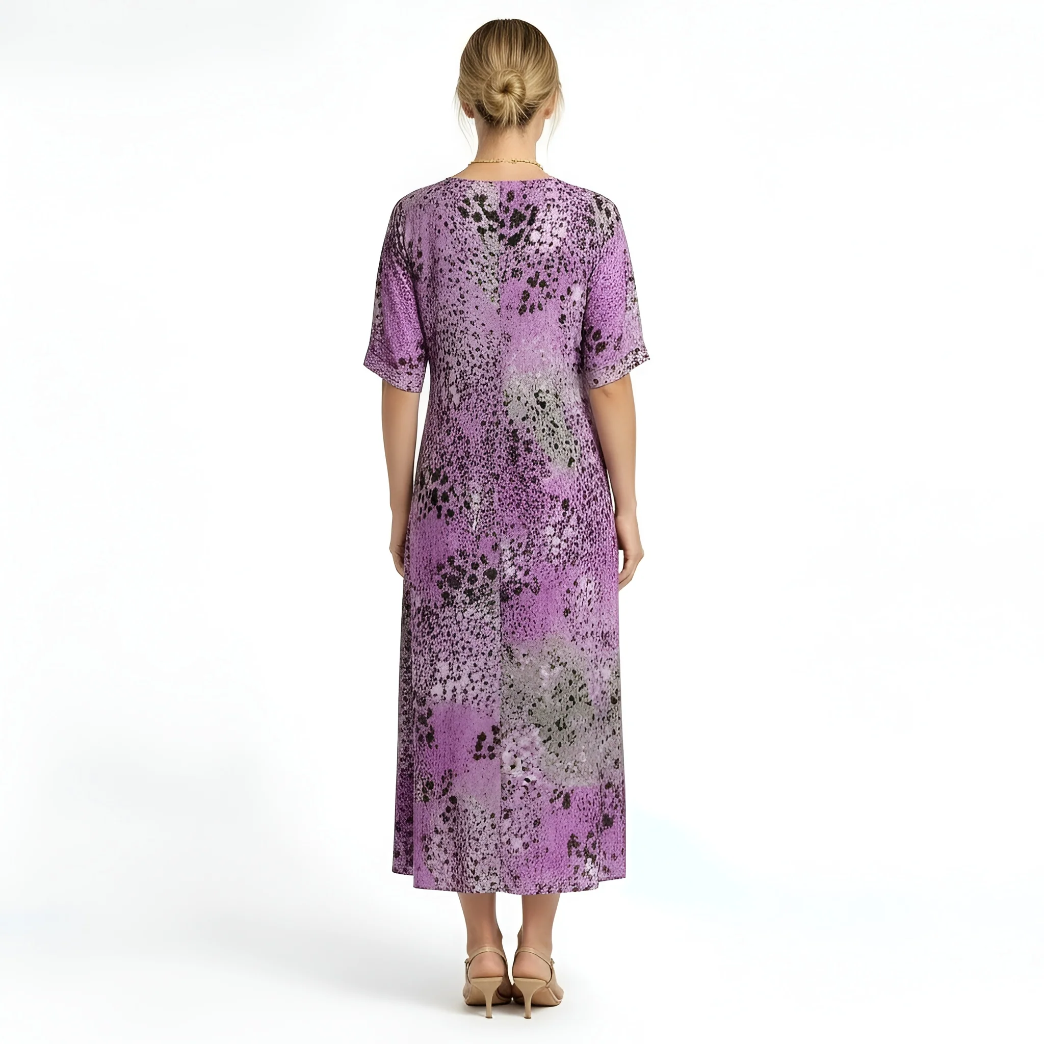 Vestito Lungo Donna Stampa Floreale Scollo a V Abito Estivo Maniche Corte Midi - Image 3