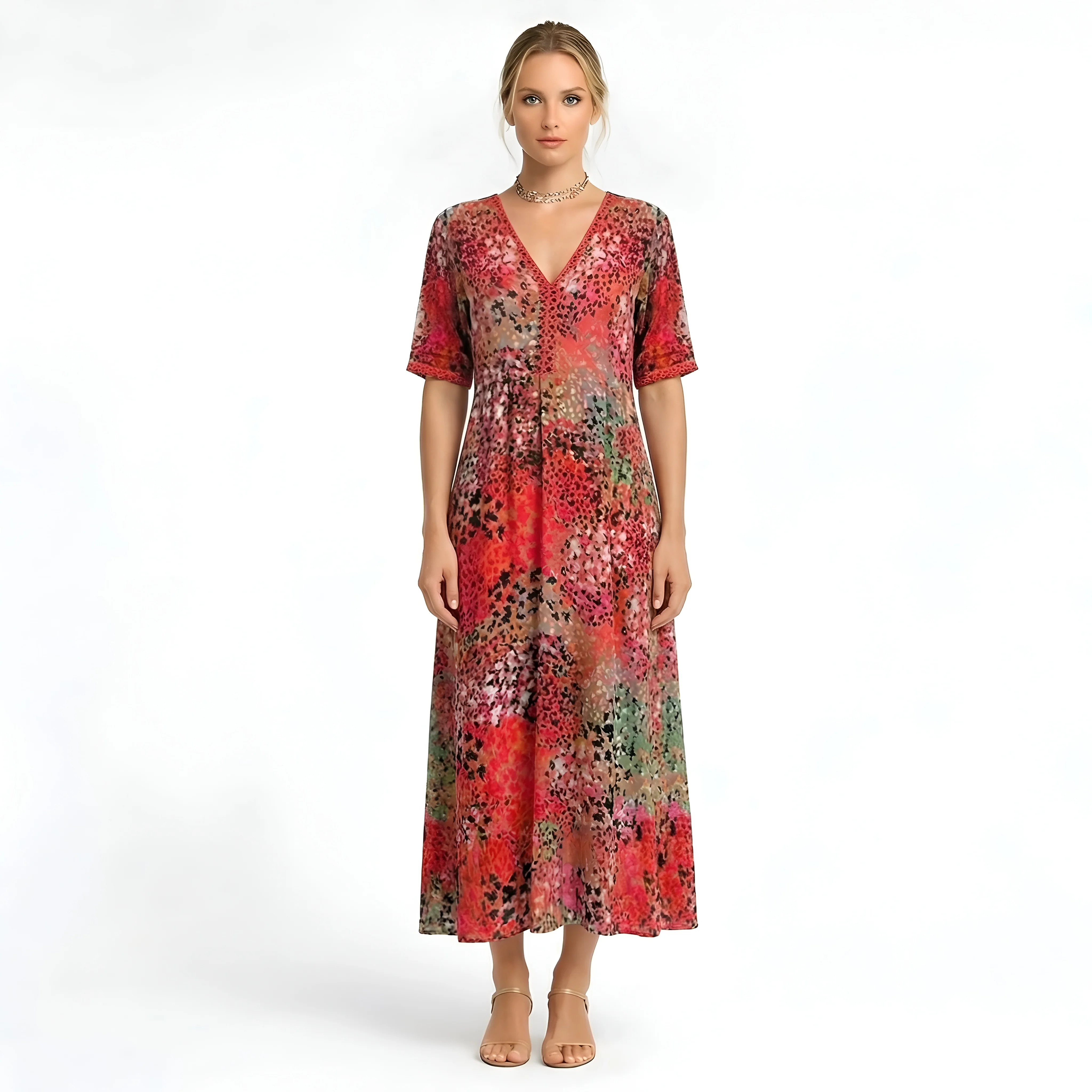 Vestito Lungo Donna Stampa Floreale Scollo a V Abito Estivo Maniche Corte Midi - Image 4