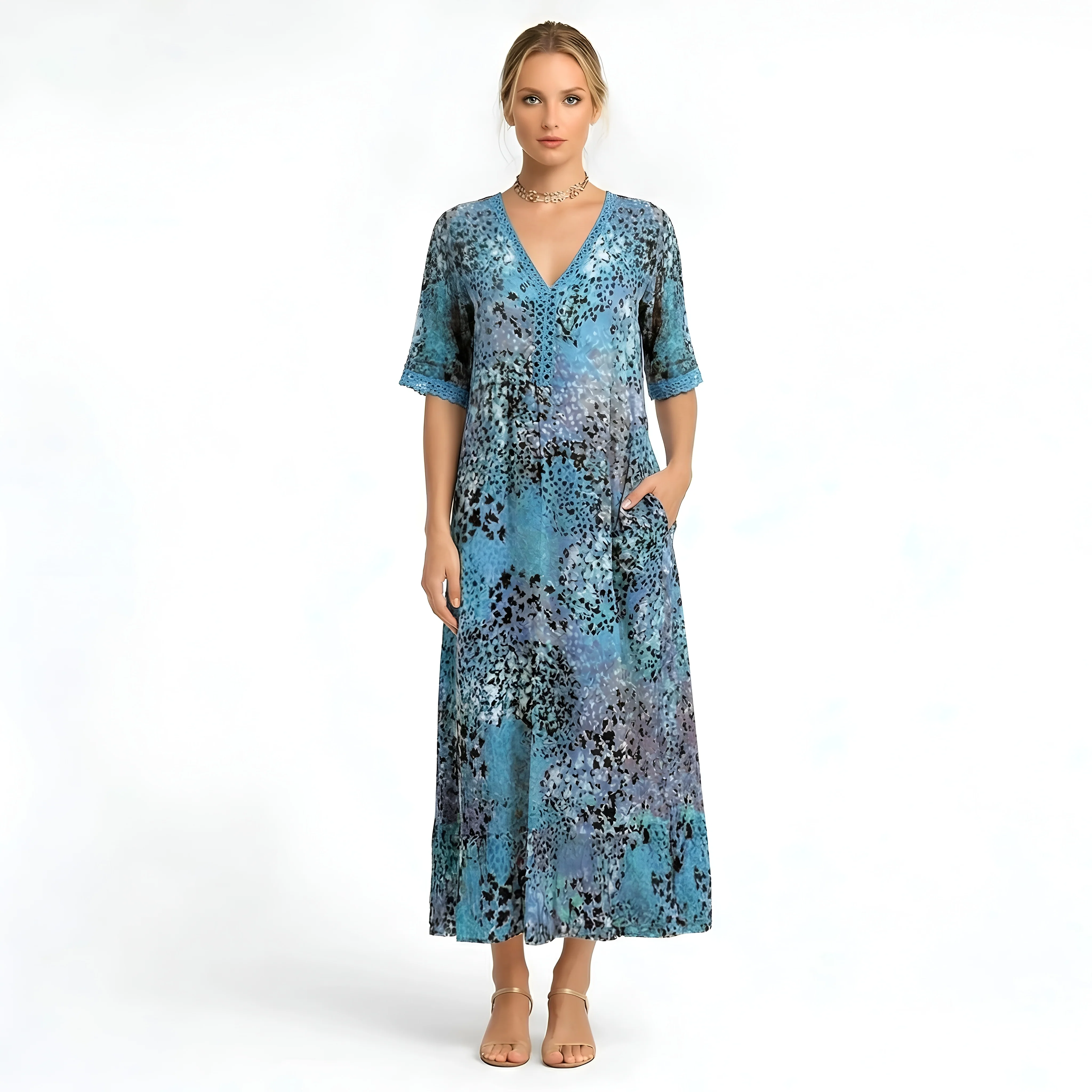 Vestito Lungo Donna Stampa Floreale Scollo a V Abito Estivo Maniche Corte Midi - Image 5