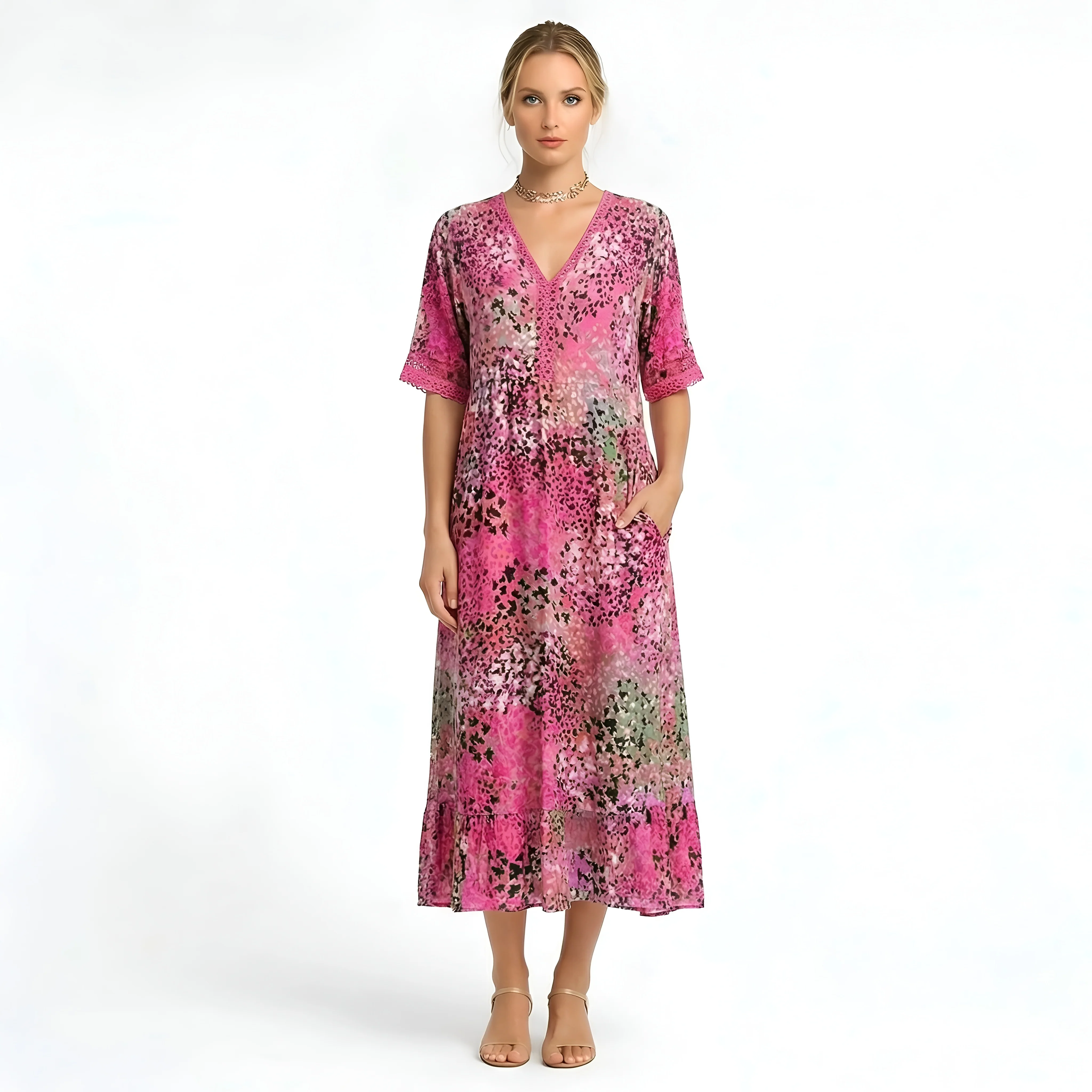 Vestito Lungo Donna Stampa Floreale Scollo a V Abito Estivo Maniche Corte Midi - Image 6