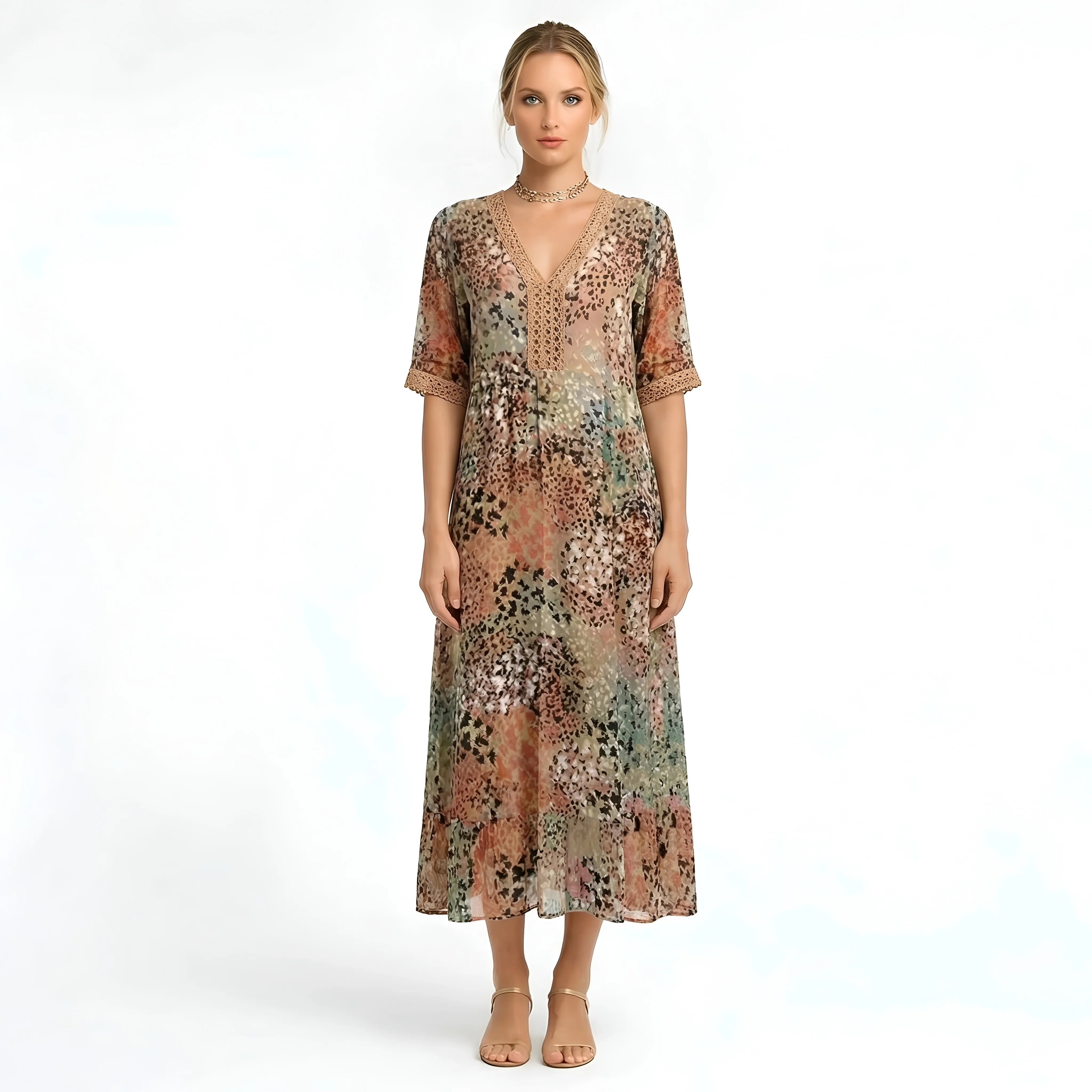 Vestito Lungo Donna Stampa Floreale Scollo a V Abito Estivo Maniche Corte Midi - Image 7